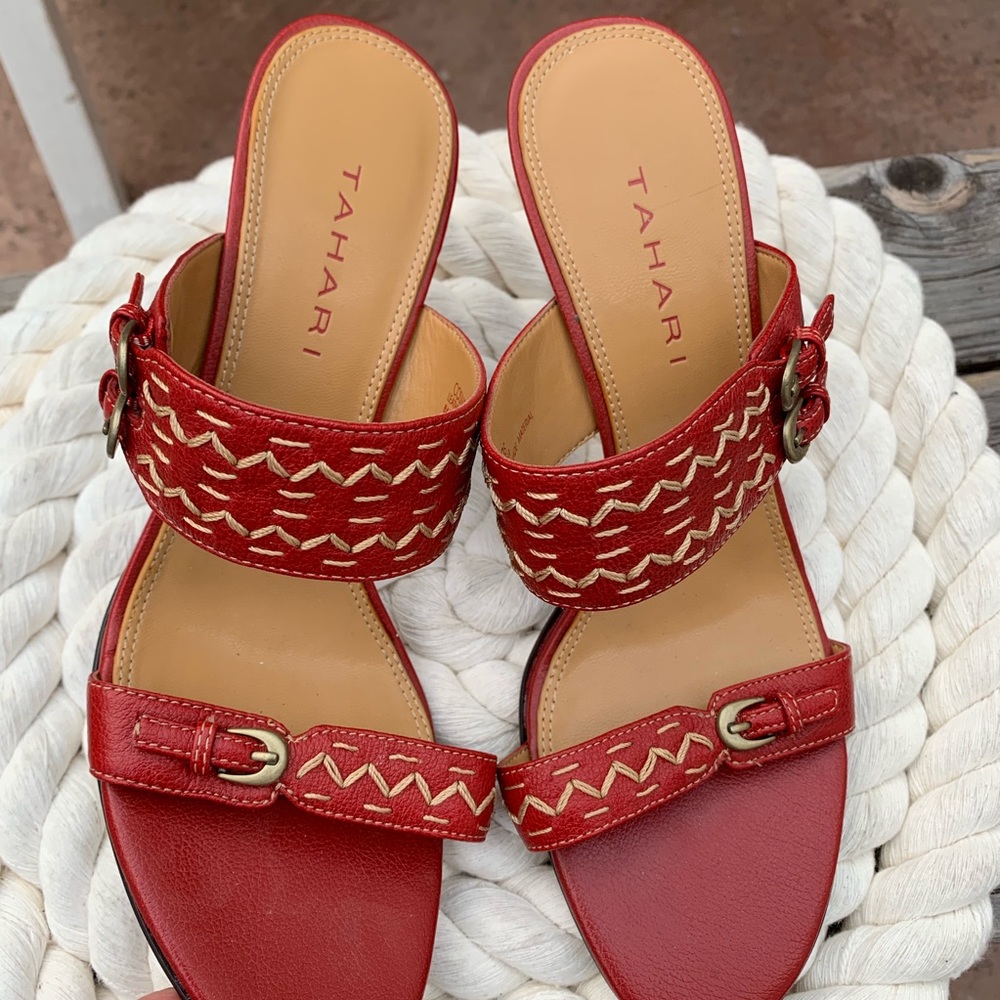 Tahari Slide Sandals Red Leather EUC